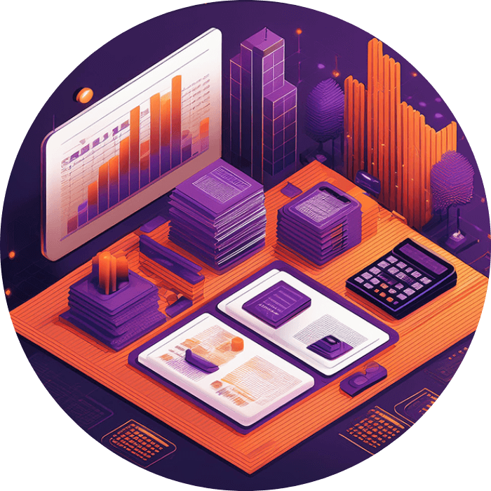 Isometric illustration of financial charts, documents and a calculator