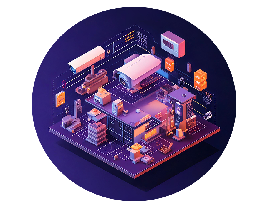 Isometric illustration of CCTV cameras and security equipment
