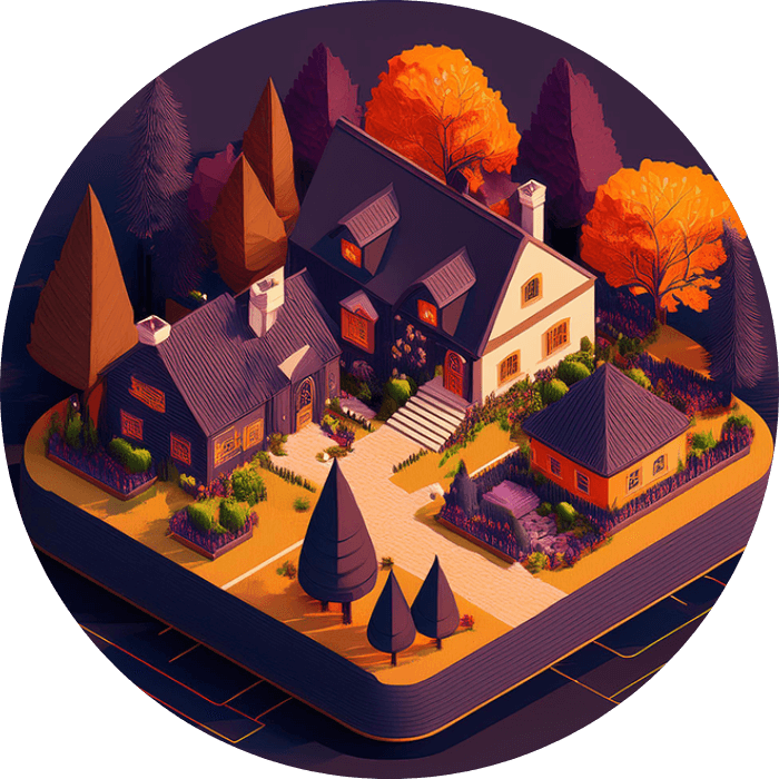 Isometric illustration of a country house among autumn trees