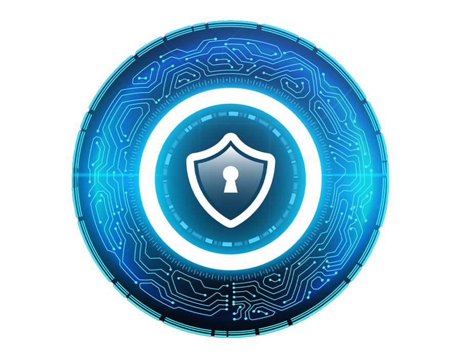 Illustration of a shield with a keyhole inside a circuit-board ring