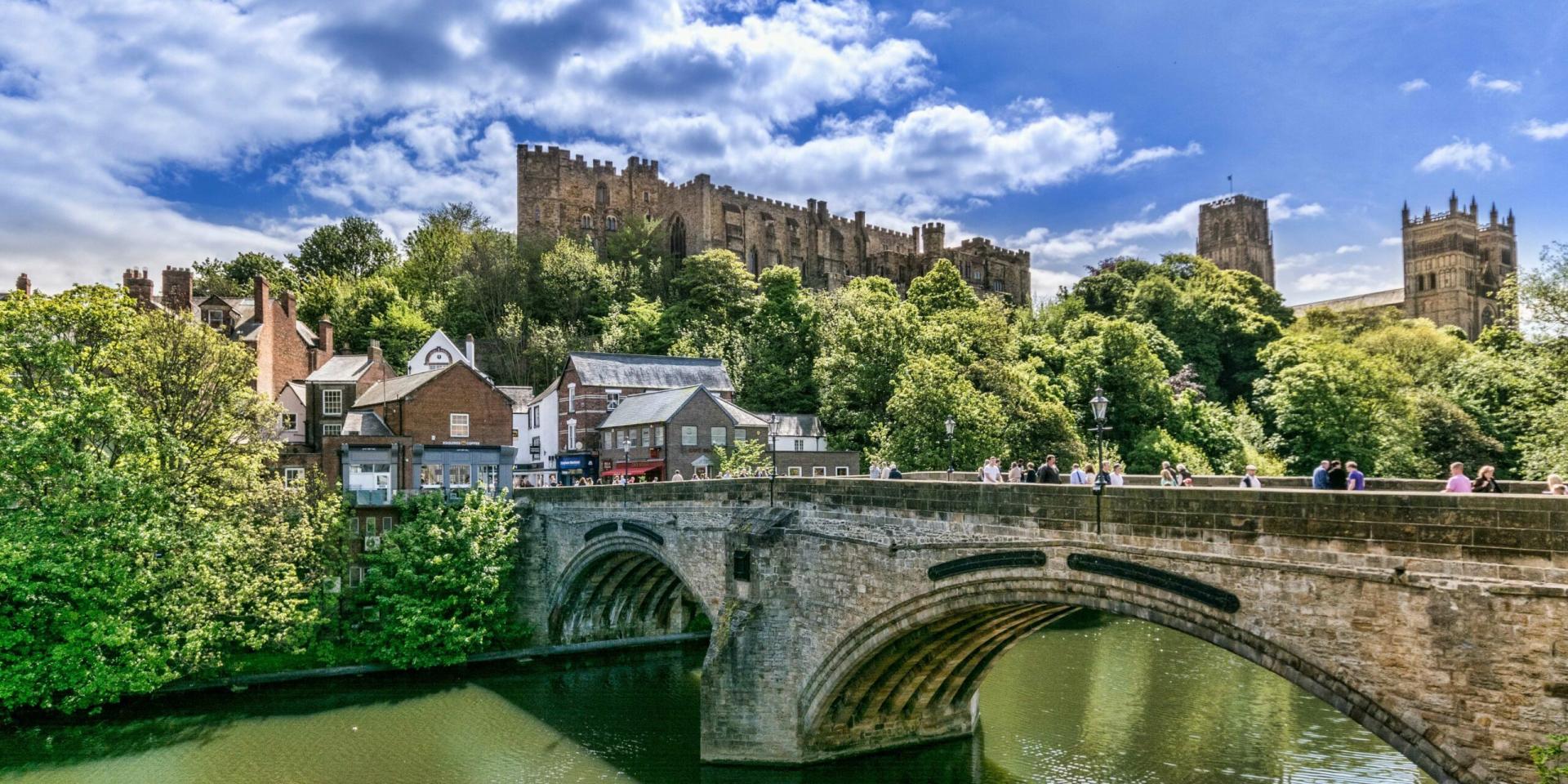 Durham Castle and Cathedral above Framwellgate Bridge and the River Wear
