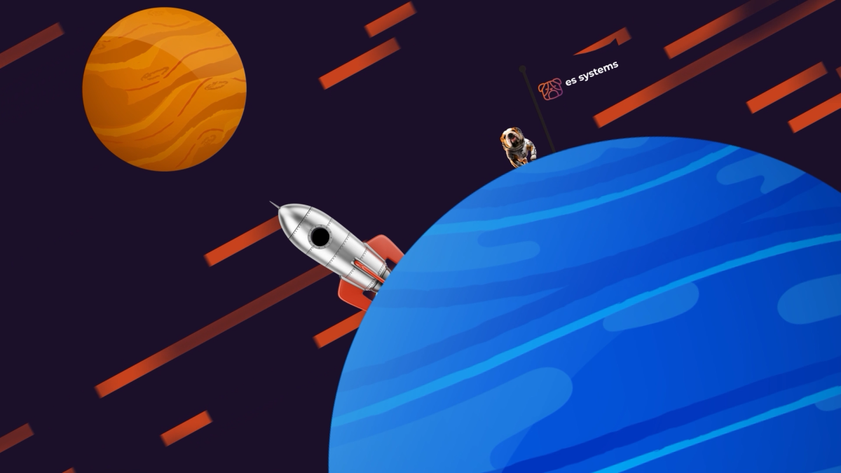 Illustration of a rocket arriving at a planet flying the ES Systems flag