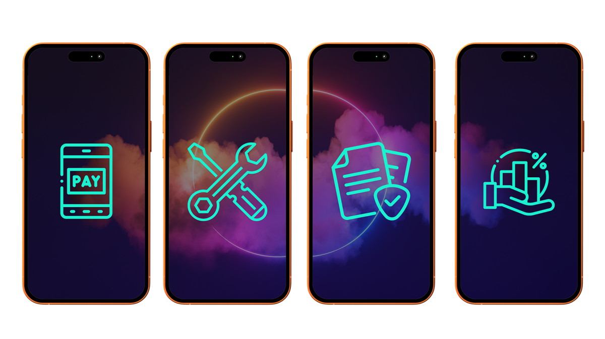 Illustration of four smartphones showing payment, tools, document and reporting icons