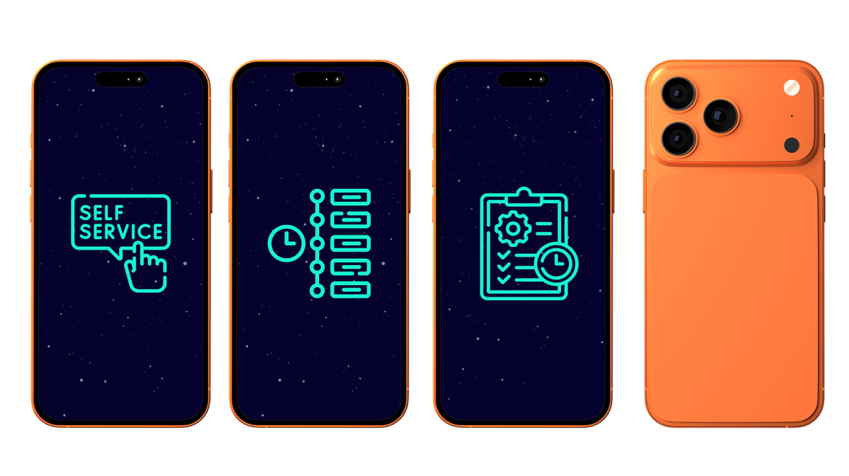 Illustration of smartphones showing self-service, list and checklist icons