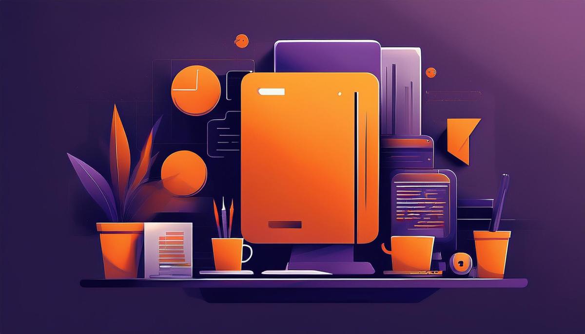 Illustration of an office desk with a computer, documents and charts