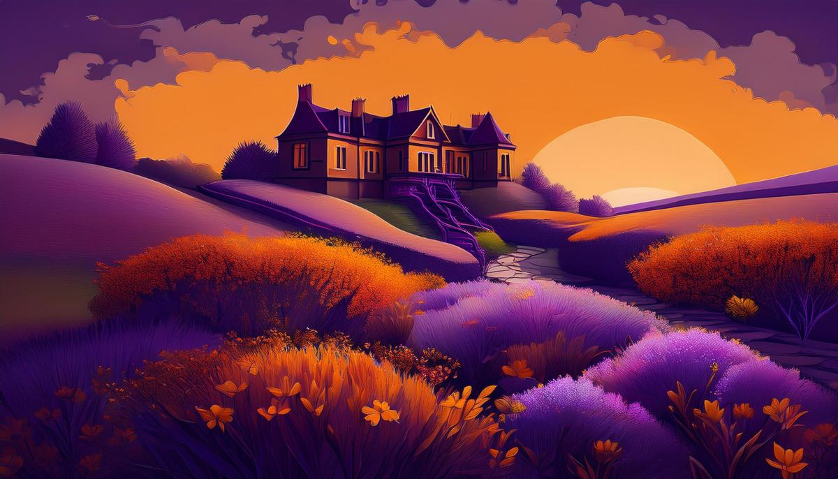 Illustration of a country house on rolling hills at sunset