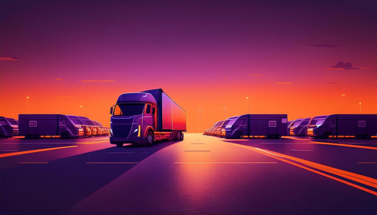 Illustration of a lorry and a fleet of vans on a road at sunset