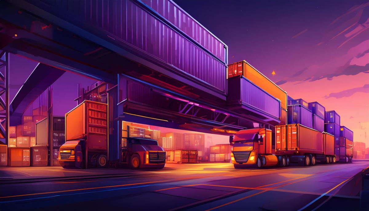Illustration of lorries and stacked shipping containers at a depot