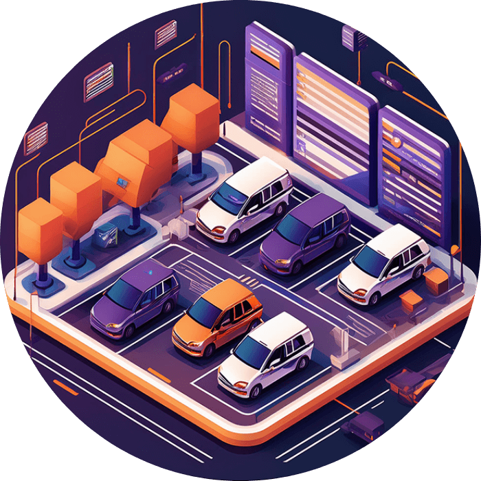 Isometric illustration of vans parked in a fleet depot