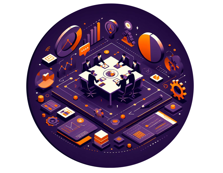 Isometric illustration of a team meeting around a table surrounded by charts and data