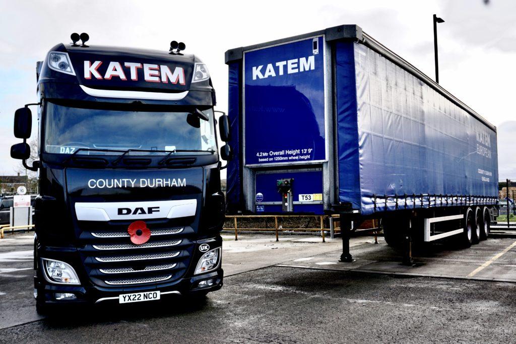 Katem Logistics DAF tractor unit beside a Katem-branded trailer