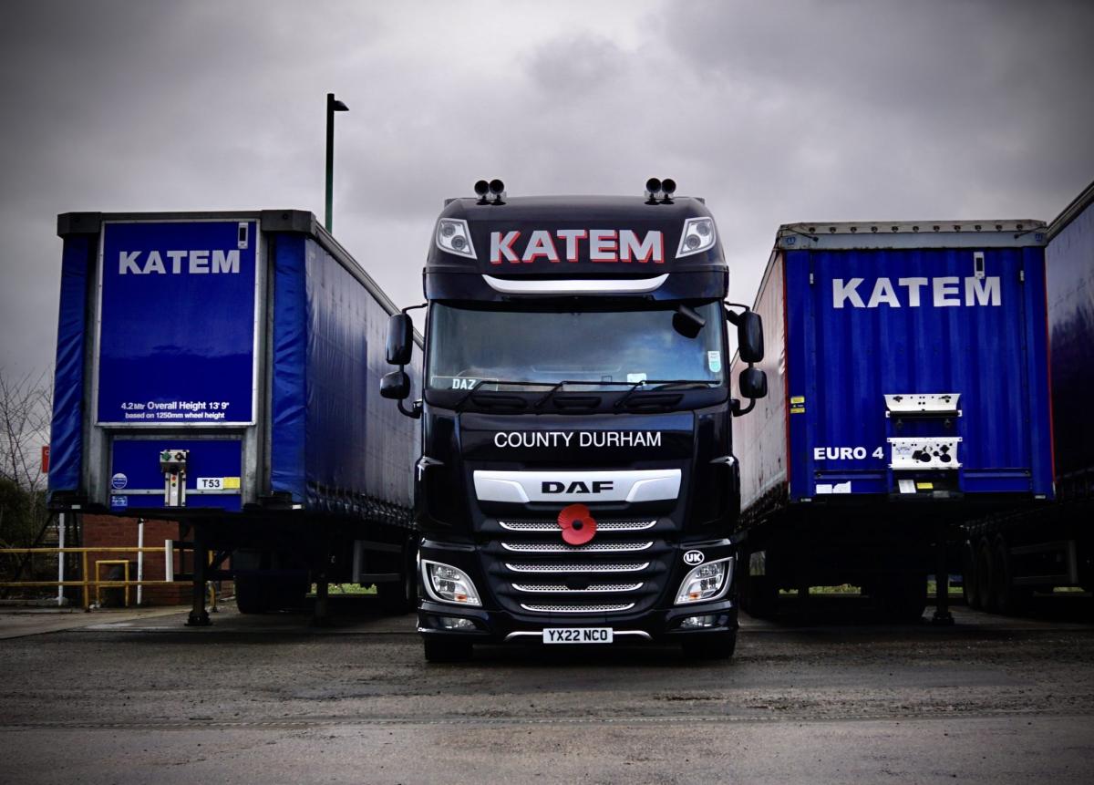 Katem Logistics DAF lorry between two Katem-branded trailers