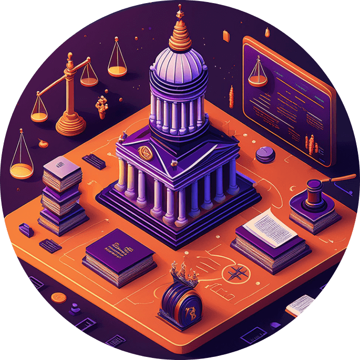 Isometric illustration of a courthouse with scales of justice and law books