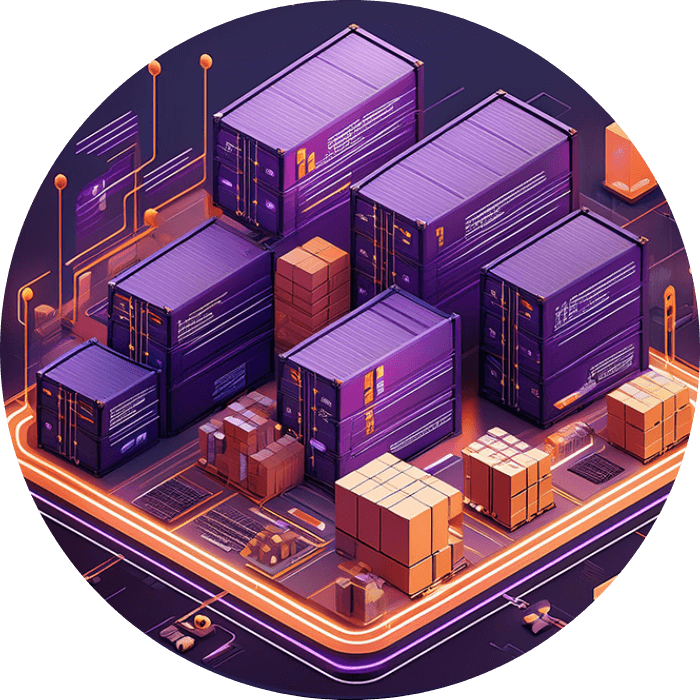 Isometric illustration of shipping containers and pallets in a yard