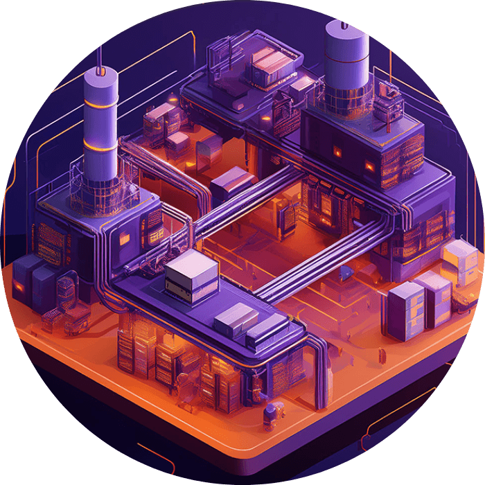 Isometric illustration of a factory with pipework and machinery