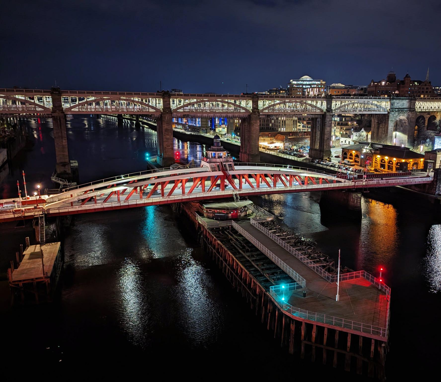 The Swing Bridge and High Level Bridge over the River Tyne in Newcastle at night