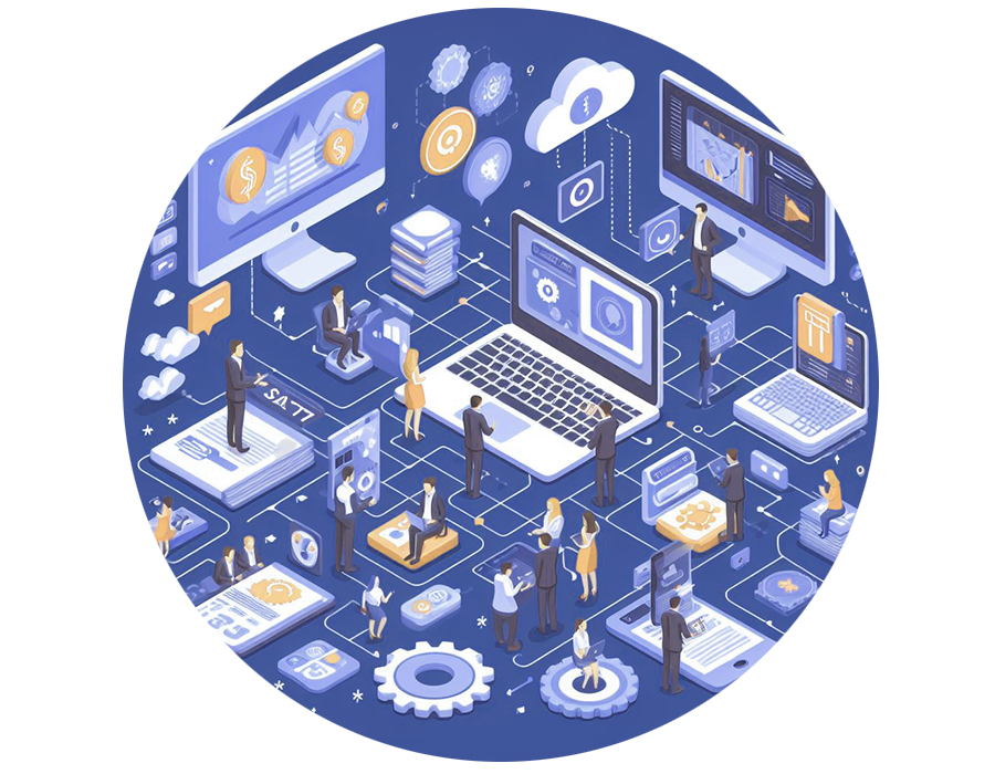 Isometric illustration of people working around laptops, cloud and finance icons