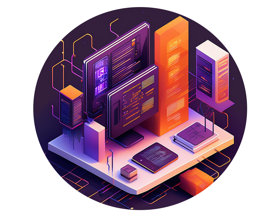 Isometric illustration of computer monitors and server towers