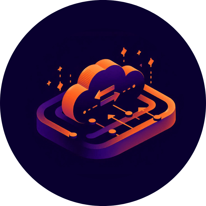 Isometric illustration of a cloud with transfer arrows on a platform