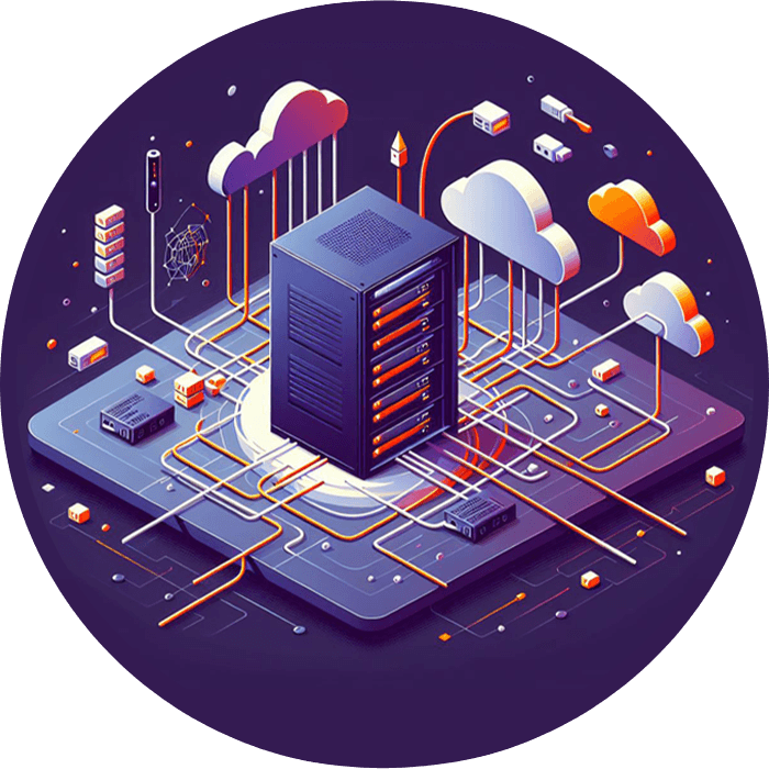 Isometric illustration of a server rack connected to the cloud