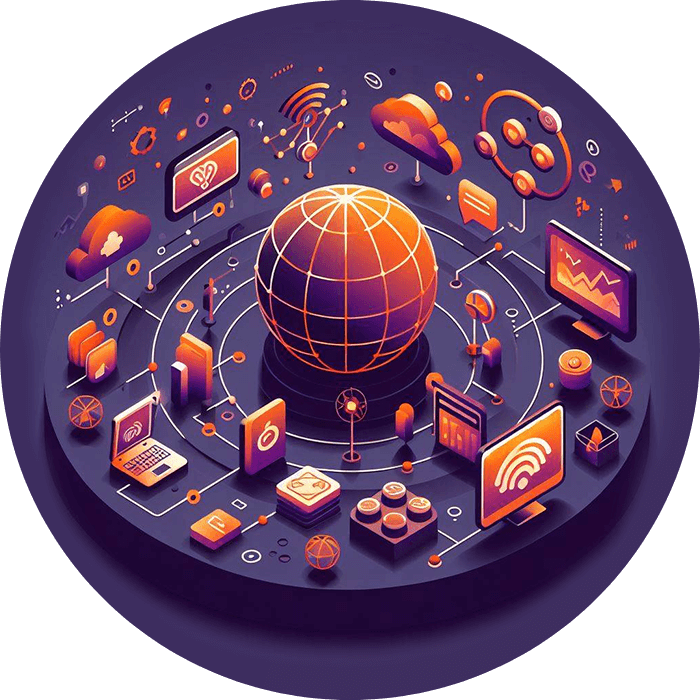 Isometric illustration of a globe connected to devices and Wi-Fi icons