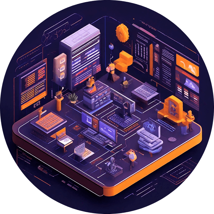 Isometric illustration of an IT office with workstations and screens