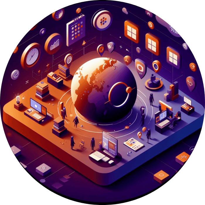 Isometric illustration of a globe with people and app tiles