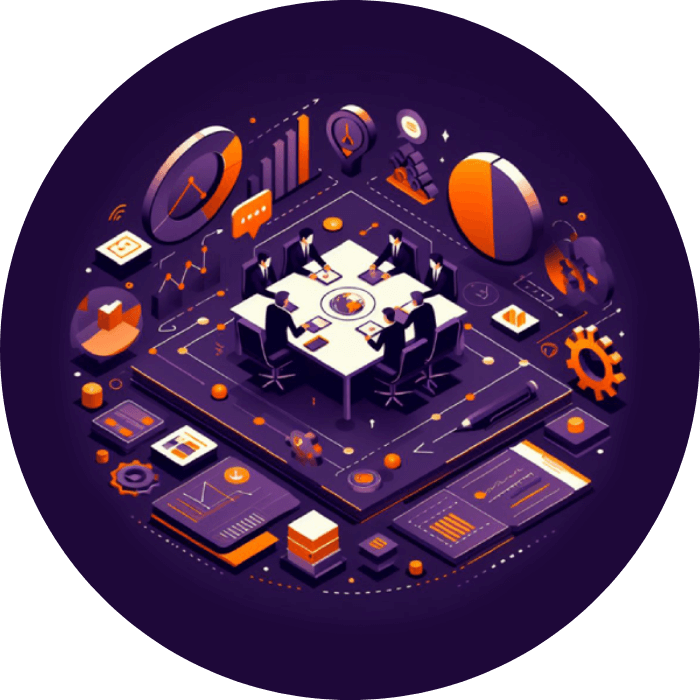 Isometric illustration of a team meeting around a table surrounded by charts and data