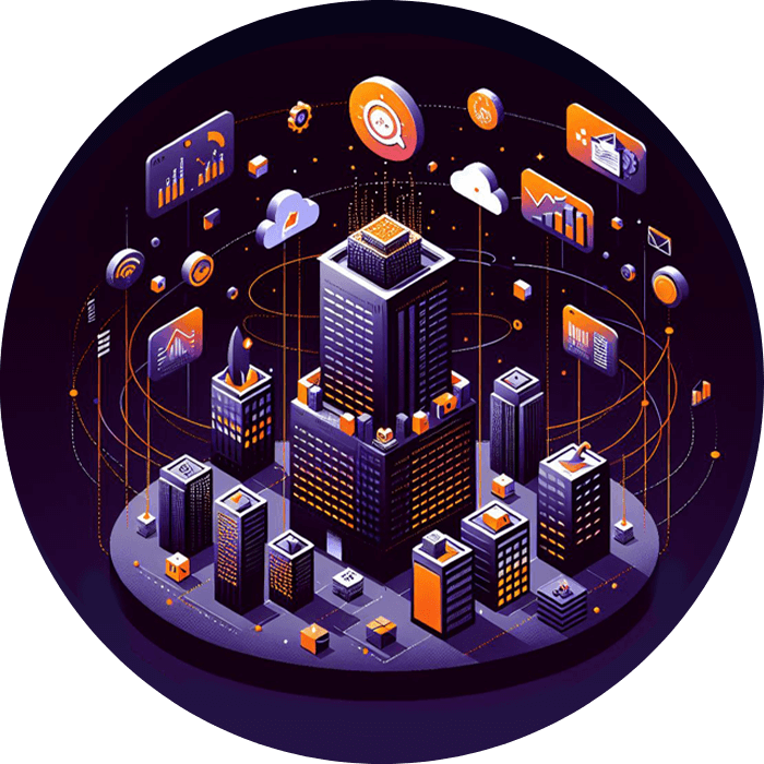 Isometric illustration of city buildings connected by network icons
